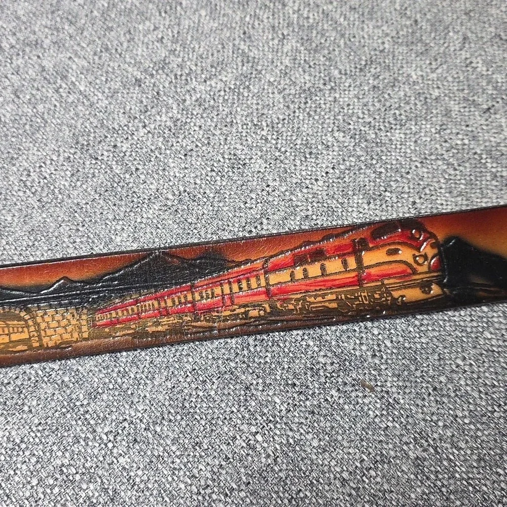 Vtg Train Western Tooled Leather Belt Mountain Buckle Steam Engines Tunnels